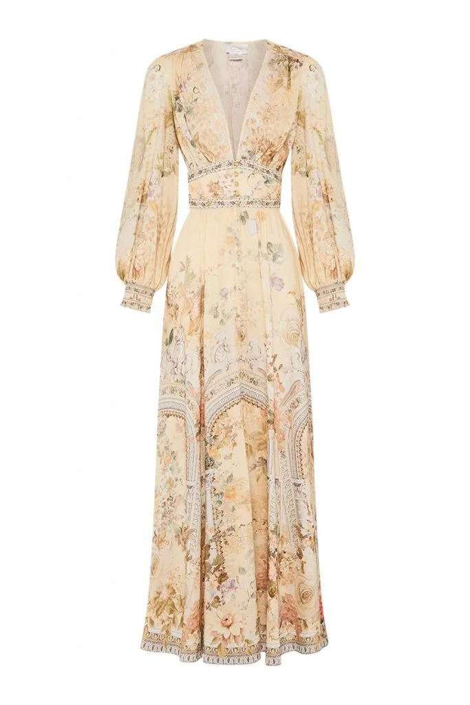 Camilla Button Dress With Shaped Waistband Adorned In Antiquity